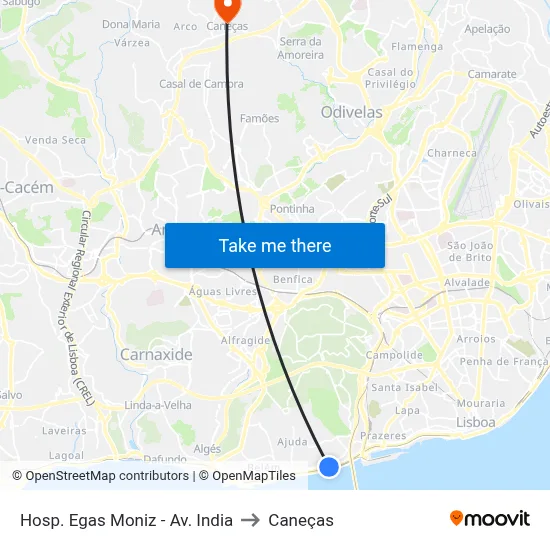 Hosp. Egas Moniz - Av. India to Caneças map