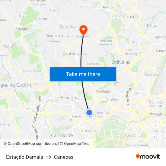 Estação Damaia to Caneças map