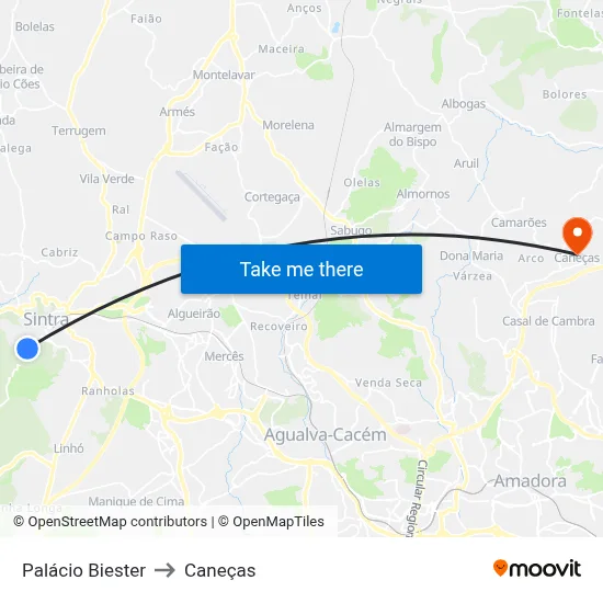 Palácio Biester to Caneças map