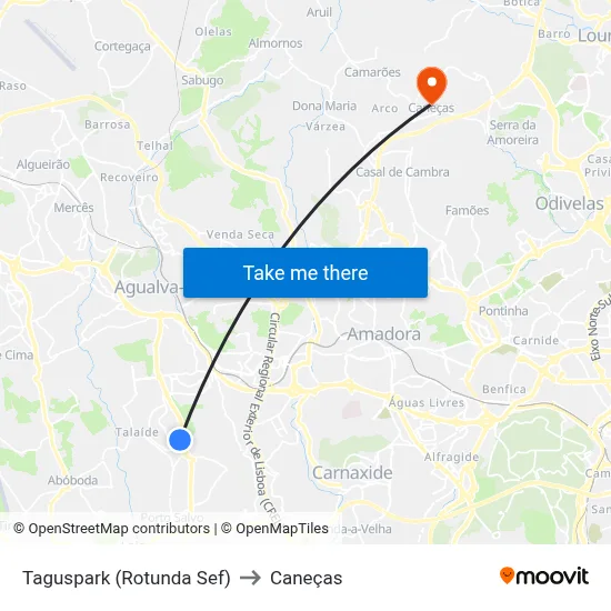 Taguspark (Rotunda Sef) to Caneças map