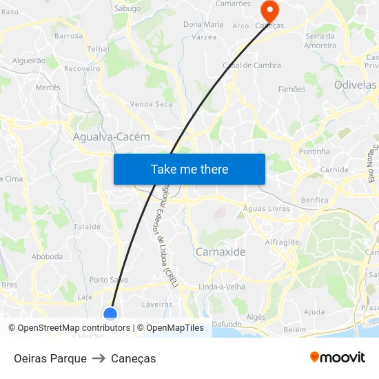 Oeiras Parque to Caneças map