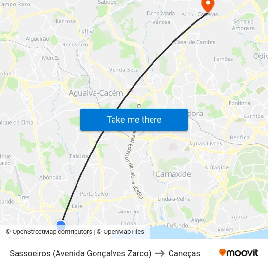 Sassoeiros (Avenida Gonçalves Zarco) to Caneças map