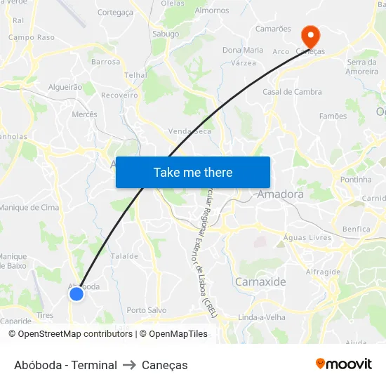 Abóboda - Terminal to Caneças map