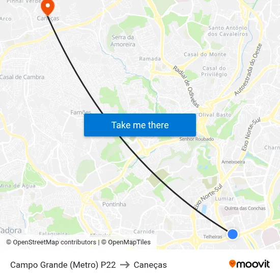 Campo Grande (Metro) P22 to Caneças map
