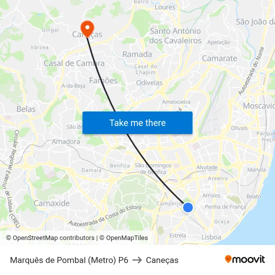 Marquês de Pombal (Metro) P6 to Caneças map