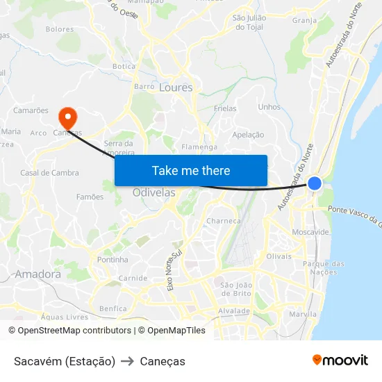 Sacavém (Estação) to Caneças map