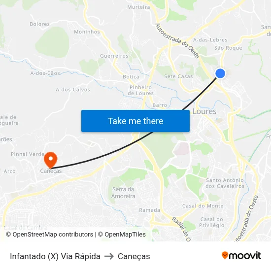 Infantado (X) Via Rápida to Caneças map