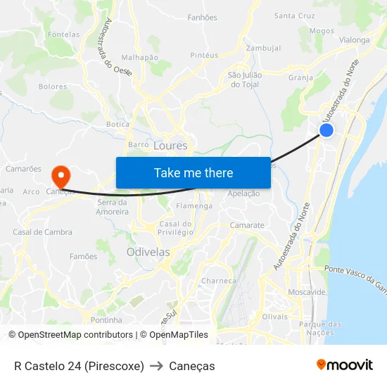 R Castelo 24 (Pirescoxe) to Caneças map