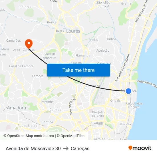 Avenida de Moscavide 30 to Caneças map