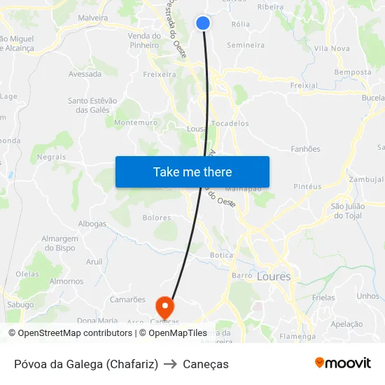 Póvoa da Galega (Chafariz) to Caneças map