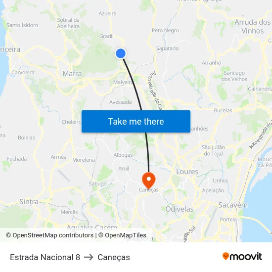 Estrada Nacional 8 to Caneças map