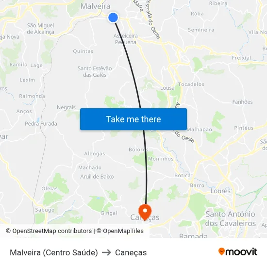 Malveira (Centro Saúde) to Caneças map