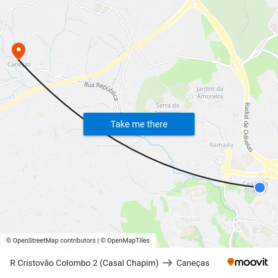 R Cristovão Colombo 2 (Casal Chapim) to Caneças map