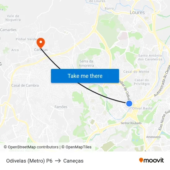 Odivelas (Metro) P6 to Caneças map