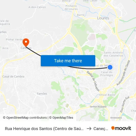 Rua Henrique dos Santos (Centro de Saúde) to Caneças map