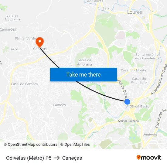 Odivelas (Metro) P5 to Caneças map