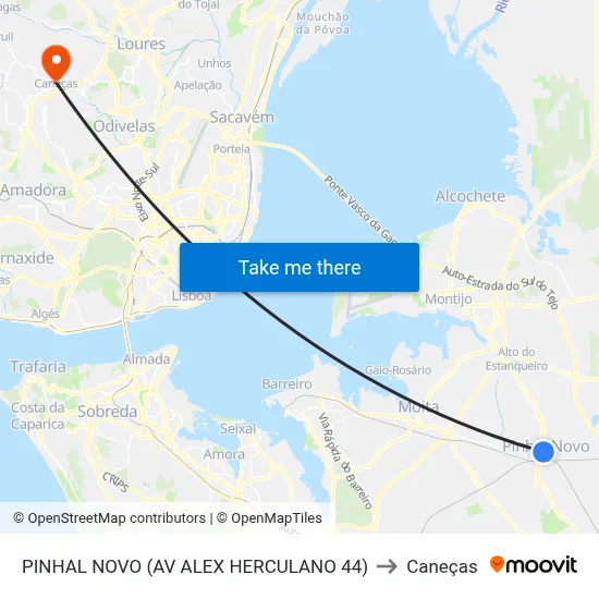 PINHAL NOVO (AV ALEX HERCULANO 44) to Caneças map