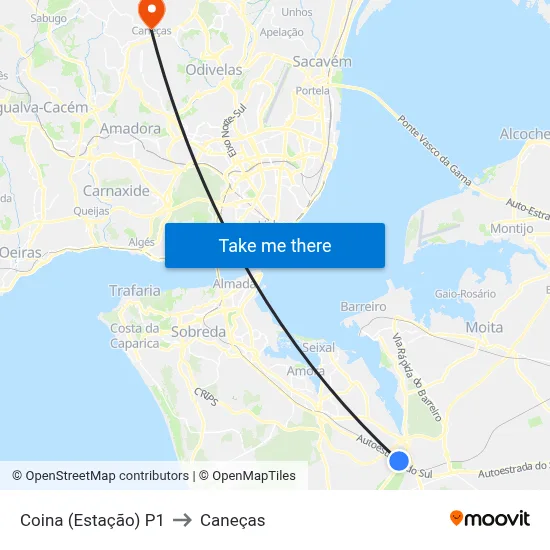 Coina (Estação) P1 to Caneças map