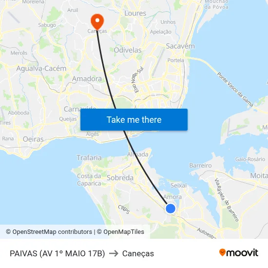 PAIVAS (AV 1º MAIO 17B) to Caneças map