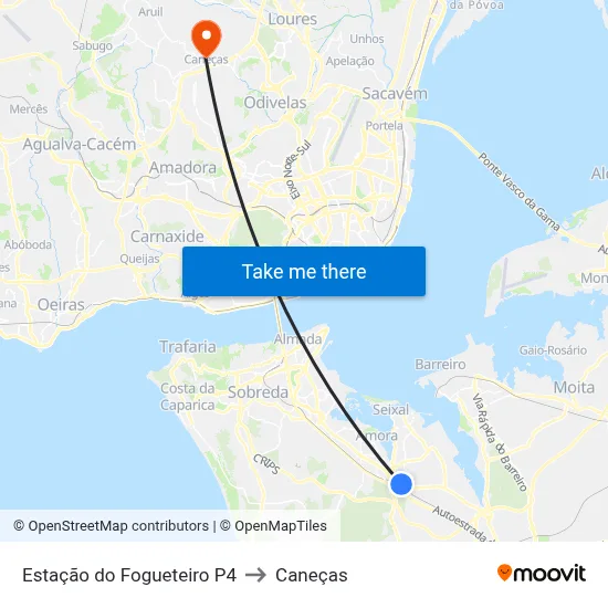 Estação do Fogueteiro P4 to Caneças map