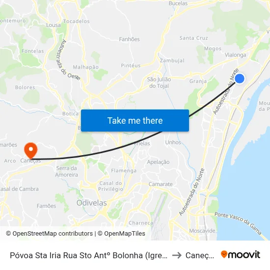 Póvoa Sta Iria Rua Sto Antº Bolonha (Igreja) to Caneças map