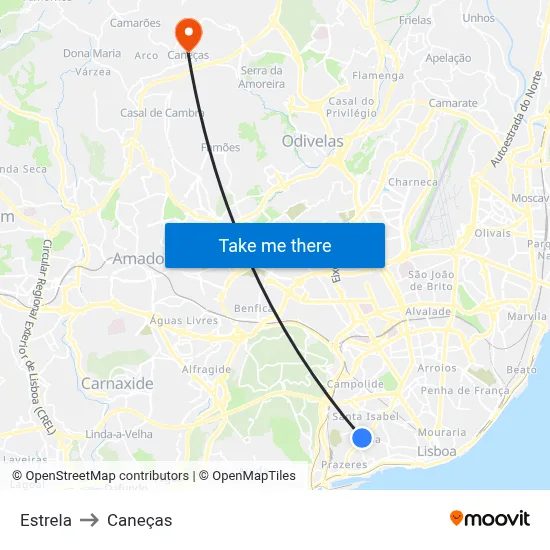 Estrela to Caneças map