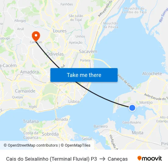 Cais do Seixalinho (Terminal Fluvial) P3 to Caneças map