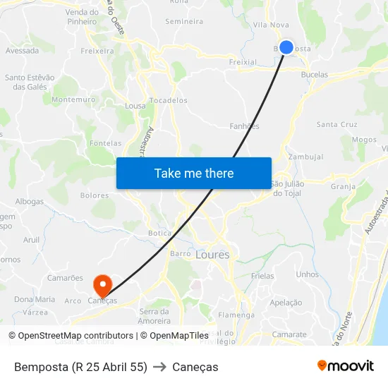 Bemposta (R 25 Abril 55) to Caneças map