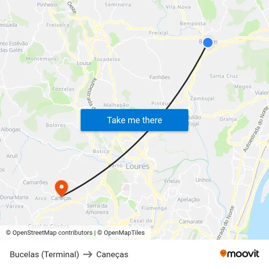 Bucelas (Terminal) to Caneças map