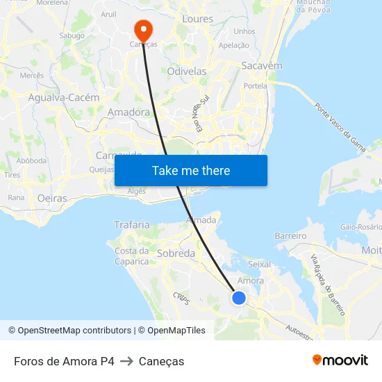 Foros de Amora P4 to Caneças map
