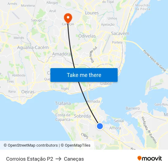 Corroios Estação P2 to Caneças map