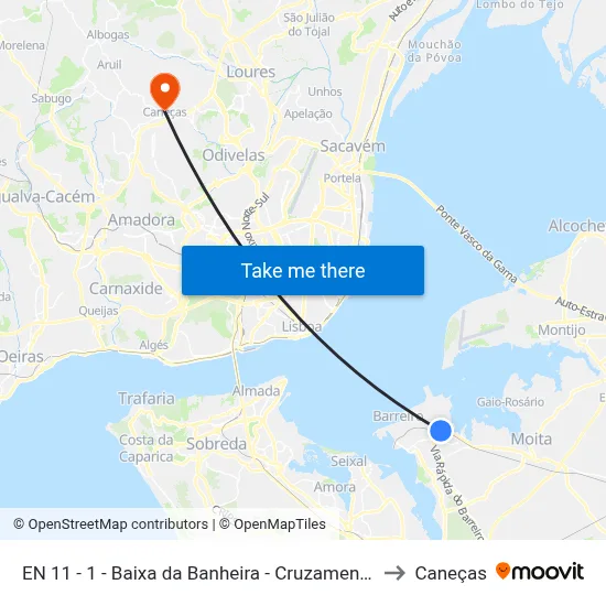 EN 11 - 1 - Baixa da Banheira - Cruzamento to Caneças map