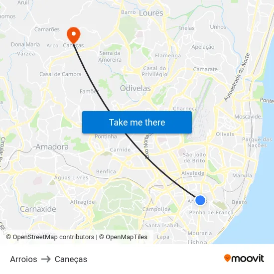 Arroios to Caneças map