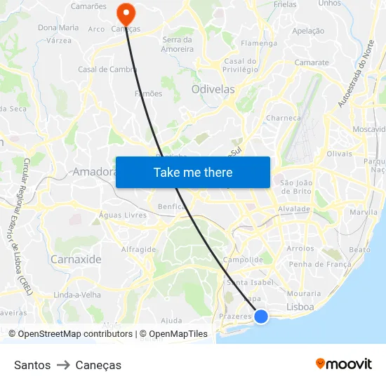 Santos to Caneças map