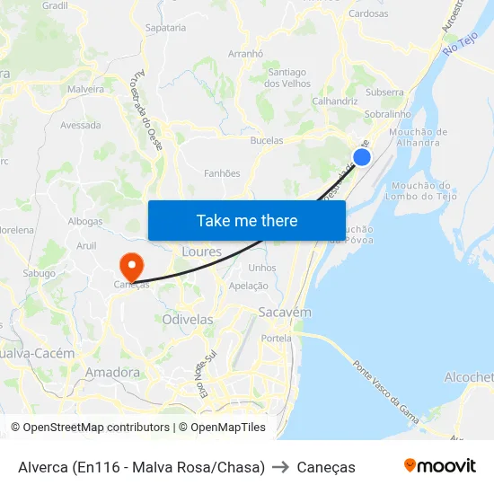 Alverca (En116 - Malva Rosa/Chasa) to Caneças map