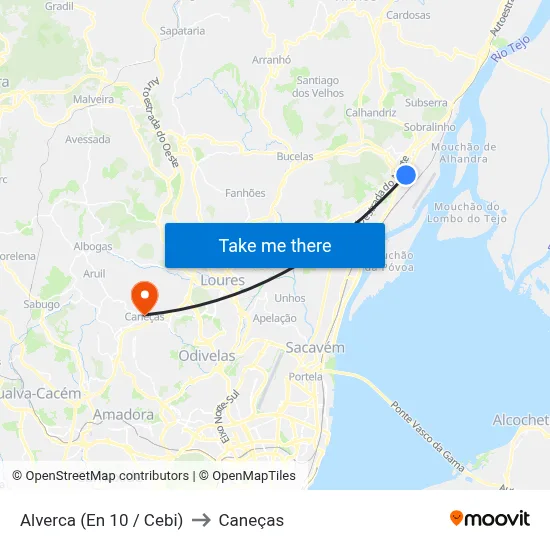 Alverca (En 10 / Cebi) to Caneças map