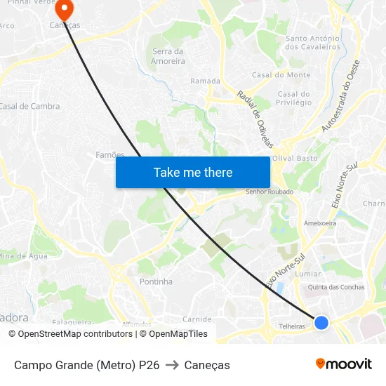 Campo Grande (Metro) P26 to Caneças map
