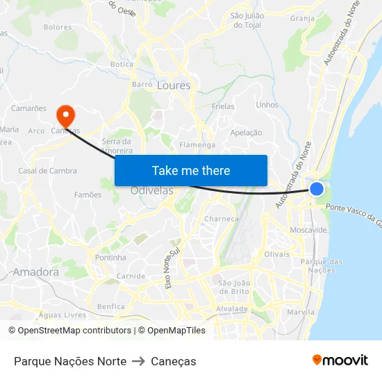 Parque Nações Norte to Caneças map