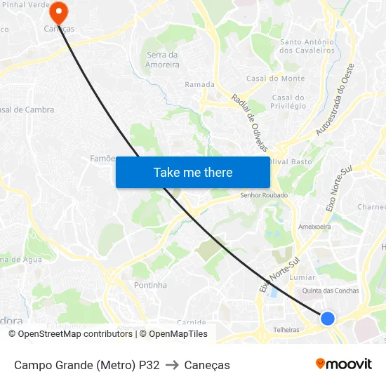 Campo Grande (Metro) P32 to Caneças map