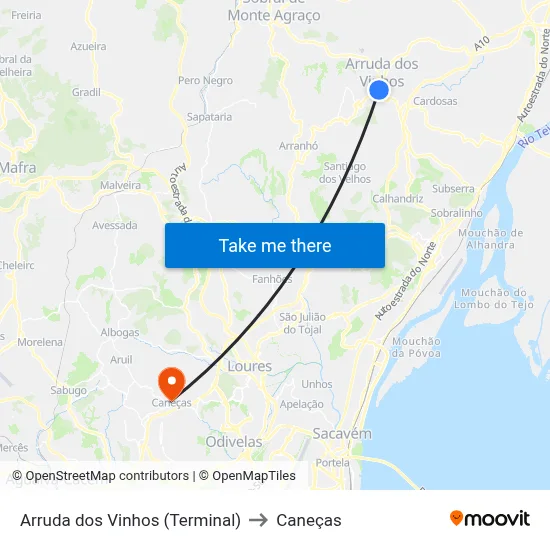 Arruda dos Vinhos (Terminal) to Caneças map