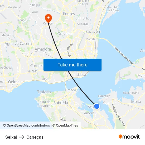 Seixal to Caneças map