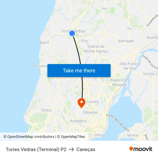 Torres Vedras (Terminal) P2 to Caneças map