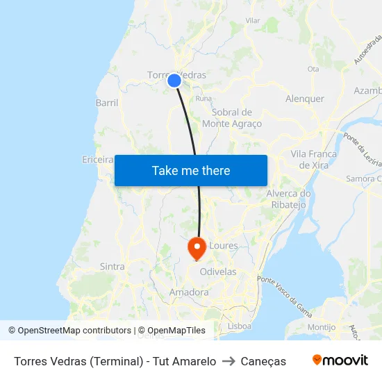 Torres Vedras (Terminal) - Tut Amarelo to Caneças map