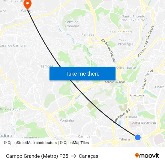 Campo Grande (Metro) P25 to Caneças map