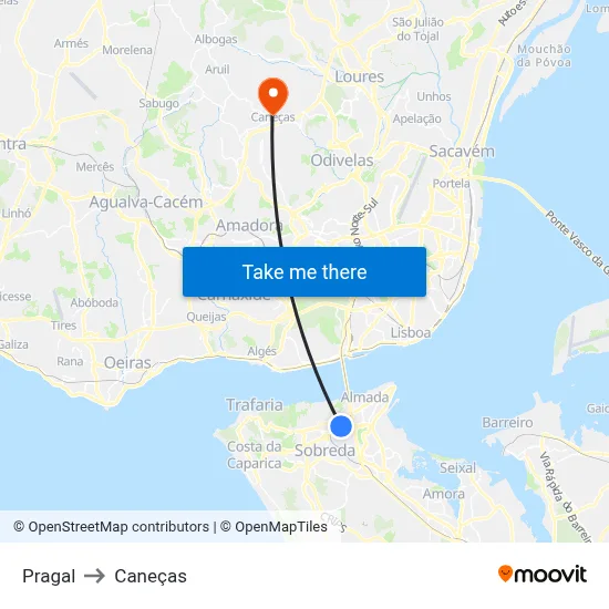 Pragal to Caneças map