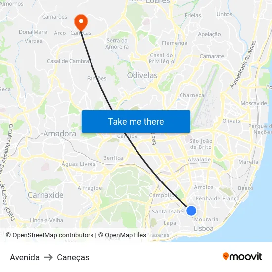 Avenida to Caneças map