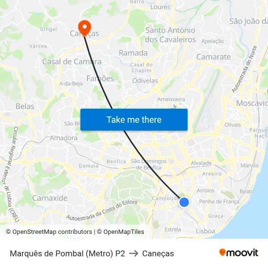 Marquês de Pombal (Metro) P2 to Caneças map