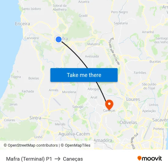 Mafra (Terminal) P1 to Caneças map