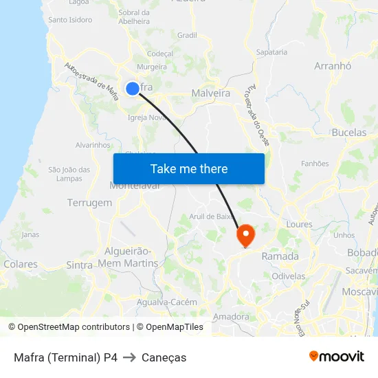 Mafra (Terminal) P4 to Caneças map