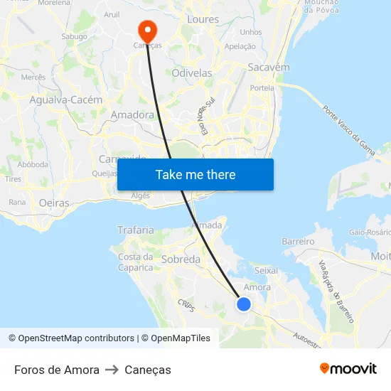 Foros de Amora to Caneças map